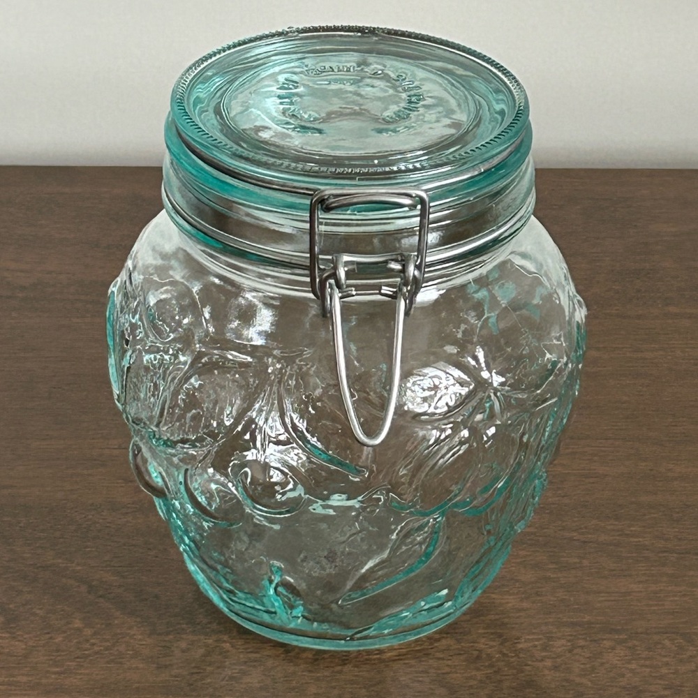 HERMETIC GREEN TINT GLASS FRUIT EMBOSSED 6" CANISTER WIRE BAIL HINGED LID ITALY